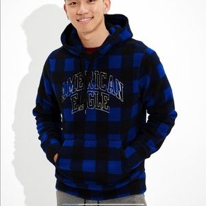 AE Plaid Sherpa Graphic Hoodie Sweatshirt